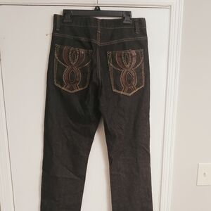 Men's Vintage Y2K Encrypted Baggy Black Jeans with Burgundy Stitching